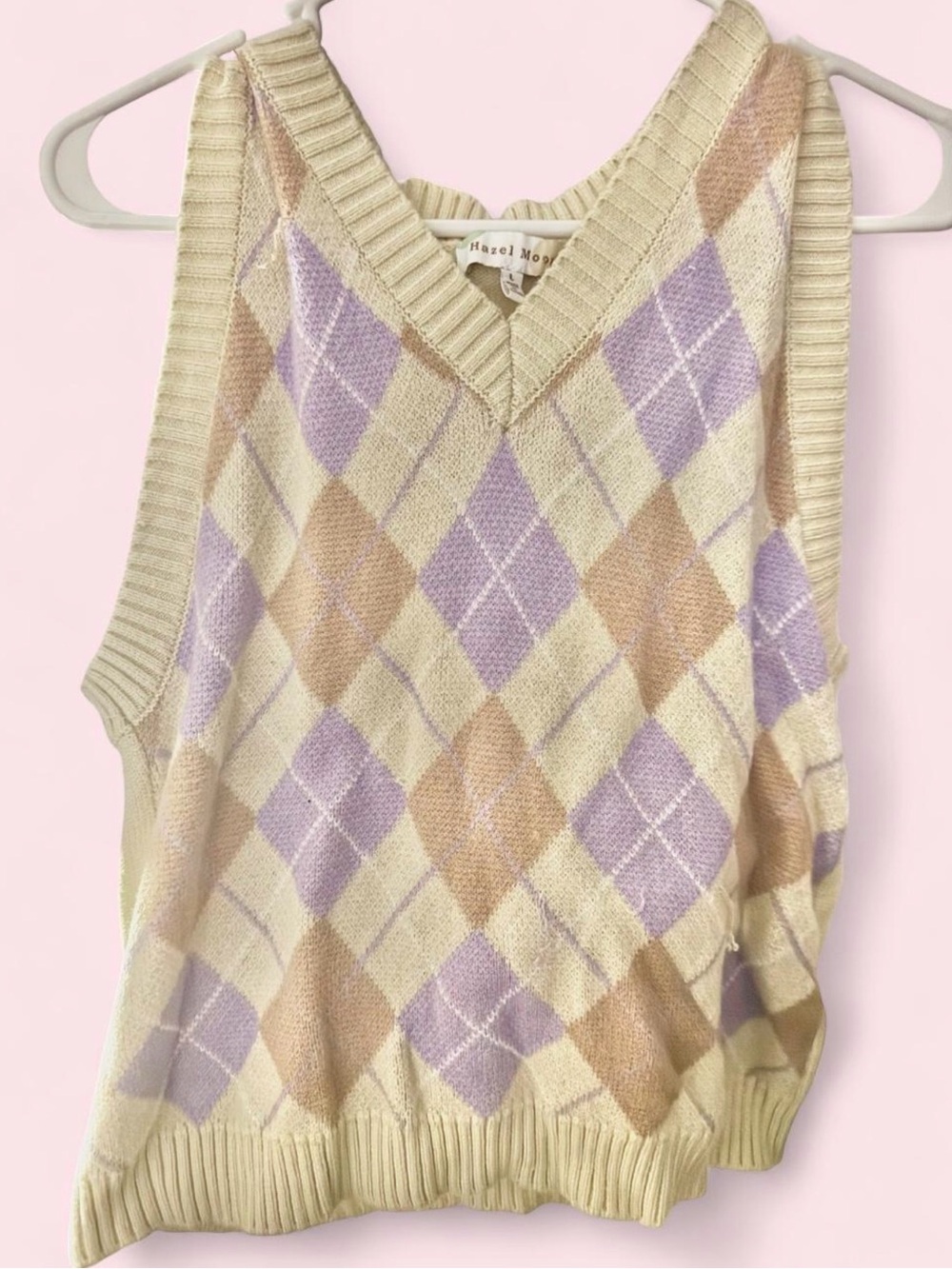 Cream & Lavender Argyle Knit Sweater Vest